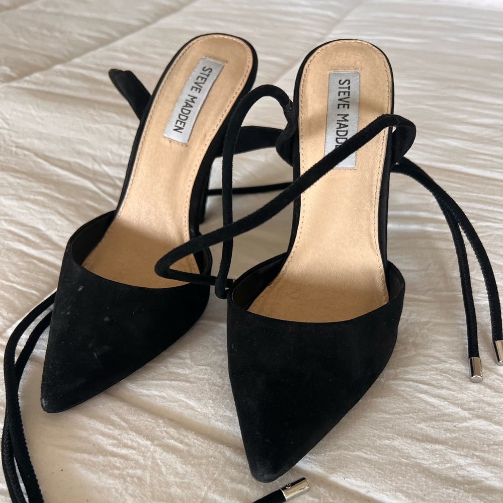 Steve Madden black suede closed toe heels with black ankle straps